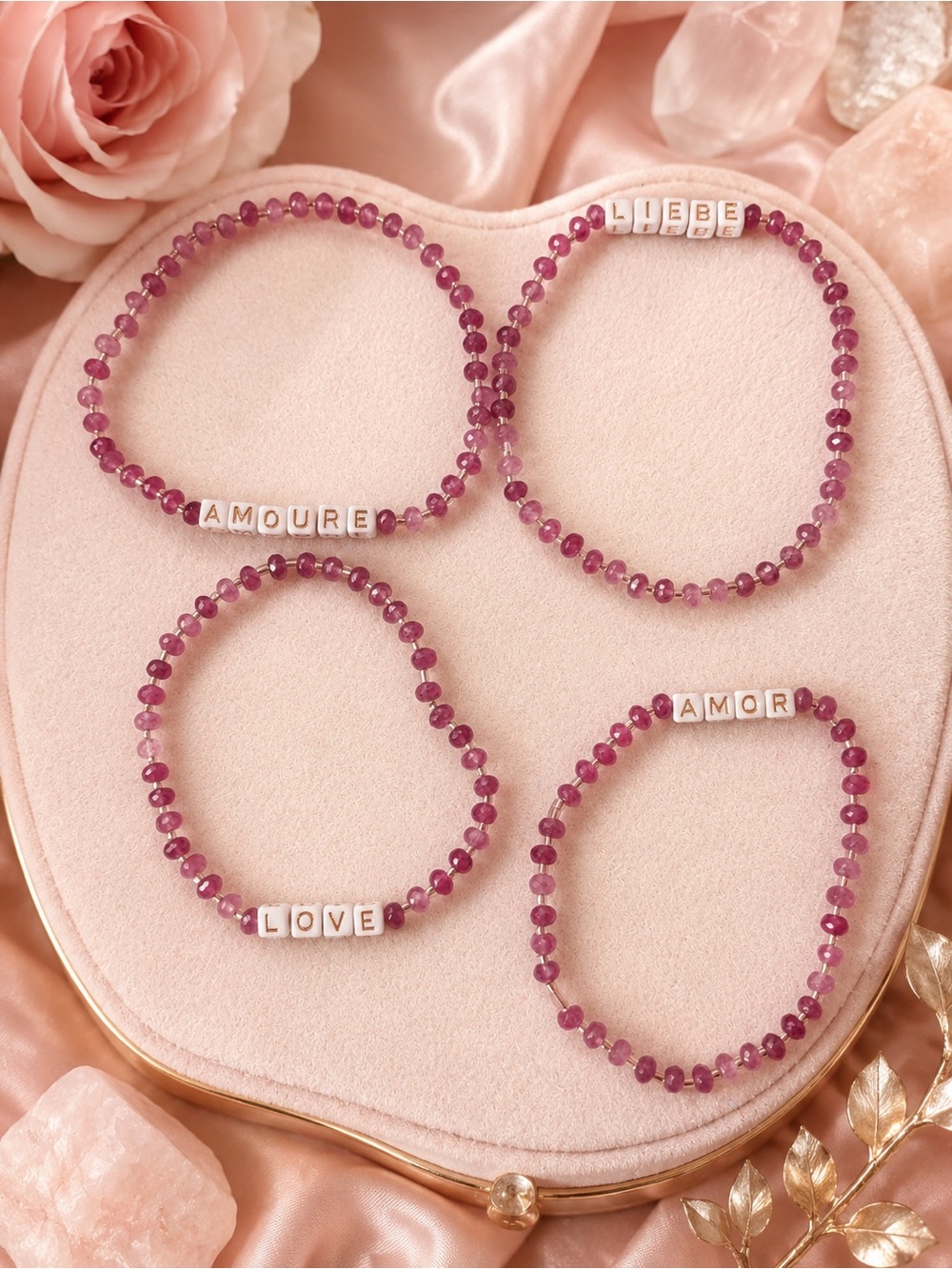 Real Jade Share the Love Bracelet | Pink Beaded Boho Word Bracelet 9”